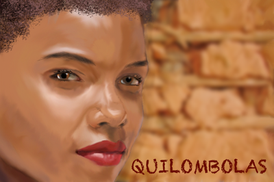 Arte mostra, ao fundo, imagem de um muro, tendo à frente um rosto de mulher e a palavra 'Quilombolas' escrita em letras vermelhas.