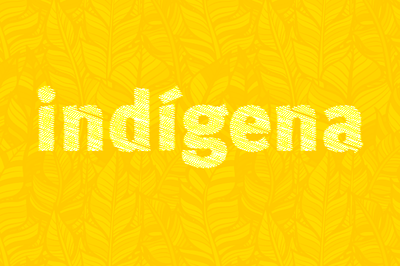 Arte retangular com fundo amarelo, que traz desenhos de folhas em traços, e a palavra "Indígena" escrita em grafismos brancos. 