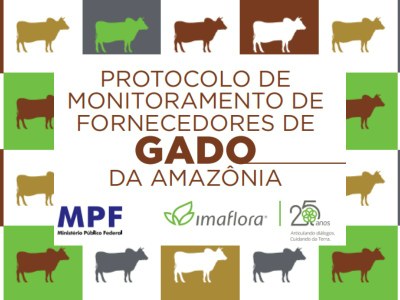 Arte retangular com a imagem de gabo bovino em todas a arte. está escrito protocolo de monitoramento de fornecedores de gado da Amazônia. mpf e imaflora e sema
