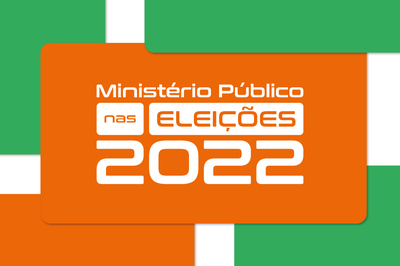 Arte com retângulos verdes e laranjas sobrepostos como se fossem as teclas da urna eletrônica, com a inscrição Ministério Público nas Eleições 2022 escrito na cor branca 