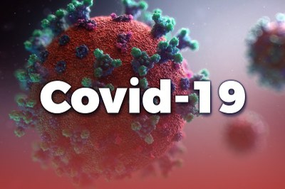 Arte retangular com o desenho de coronavírus escrito covid-19 na cor branca