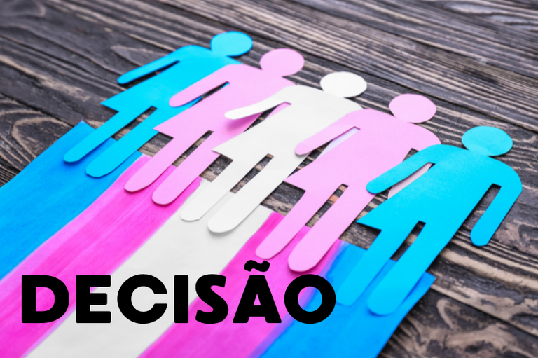 Arte ilustrando cinco pessoas em papel. A figura da pessoa trans é reconhecida por ter saia de um lado e não ter saia do outro. As cinco pessoas se ligam a uma bandeira da causa que é azul, rosa e branca. Os papeis cortados em formato de pessoas estão nas mesmas cores.