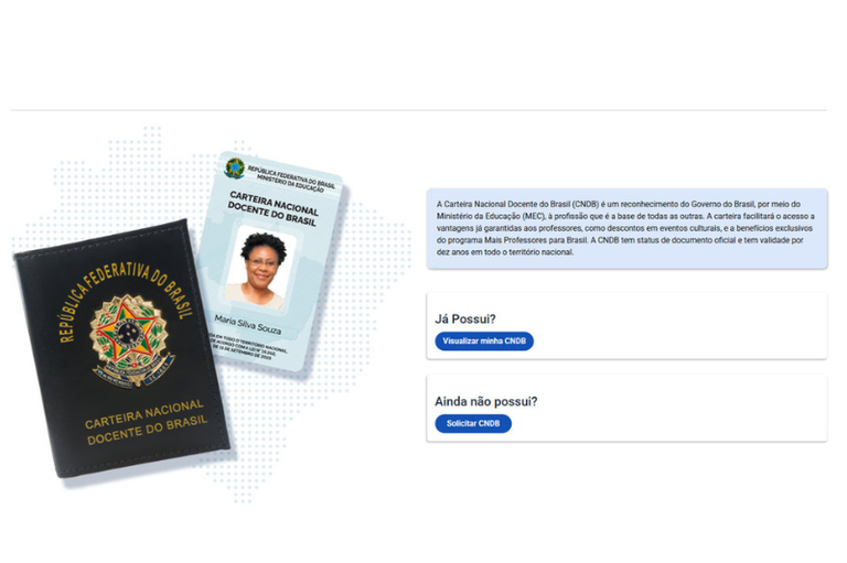 À esquerda, o documento é exibido em dois formatos: uma carteira de couro preta com o Brasão da República em dourado e um cartão de identificação digital com a foto de uma mulher. À direita, há um texto informativo sobre os benefícios do documento, acompanhado de dois botões azuis: "Visualizar minha CNDB" e "Solicitar CNDB".