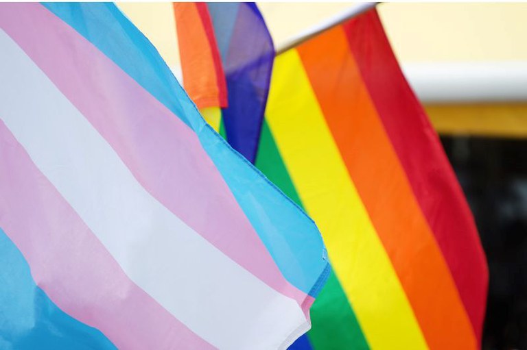 Fotografia em plano médio com foco curto em bandeiras do movimento LGBTQIA+ tremulando ao ar livre. Em primeiro plano e desfocada à esquerda, destaca-se a bandeira do orgulho transgênero, composta por listras horizontais nas cores azul-claro, rosa e branca. Em segundo plano, à direita e ligeiramente mais focada, está a bandeira do orgulho LGBTQIA+ com suas listras verticais arco-íris nas cores verde, amarela, laranja e vermelha, sob luz natural suave.