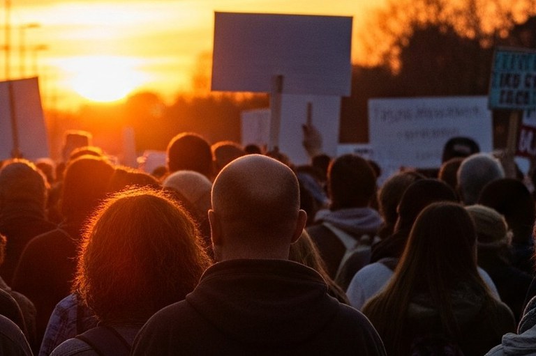 Imagem mostra uma manifestação no fim da tarde ao pôr do sol
