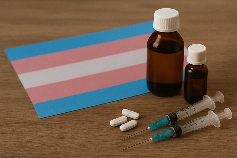 Imagem com frascos de remédio, seringas e comprimidos sobre uma bandeira trans, em fundo de madeira clara. A cena remete ao cuidado com a saúde de pessoas trans.