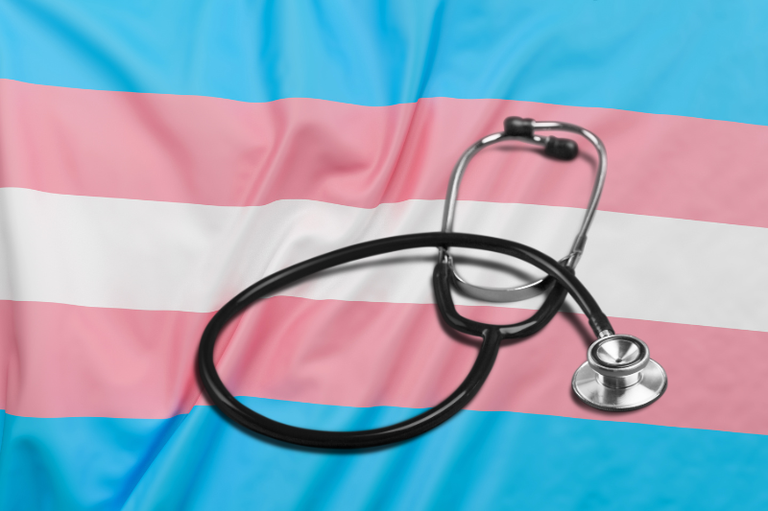 Foto mostra bandeira azul, branca e rosa, em alusão à causa trans, com um estetoscópio por cima.