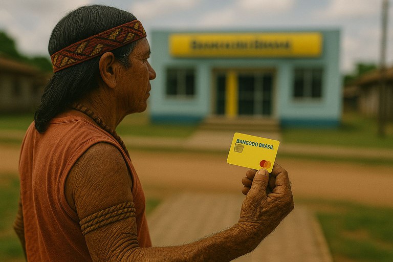 Foto de um homem indígena segurando um cartão bancário amarelo olhando para uma agência do Banco do Brasil em segundo plano