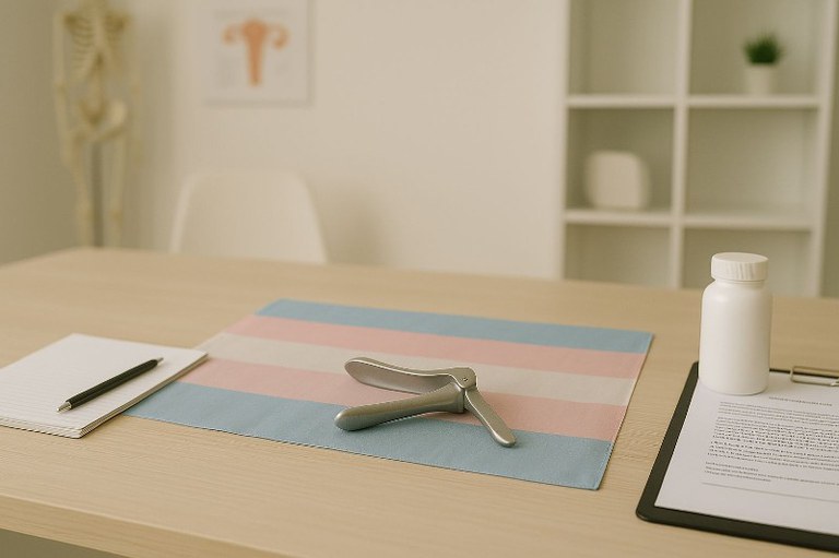imagem de uma sala de consultório ginecológico bem iluminada e organizada. No centro da imagem, há uma mesa de madeira clara. Sobre ela, está estendida discretamente uma bandeira do orgulho trans com listras horizontais em azul claro, rosa, branco, rosa e azul claro, parcialmente coberta por um espéculo de metal. Também sobre a mesa, há um caderno com uma caneta, um frasco branco de medicamento e uma prancheta com papéis. Ao fundo, vê-se uma estante branca com plantas e pastas, um modelo de esqueleto humano e uma ilustração anatômica do útero na parede.