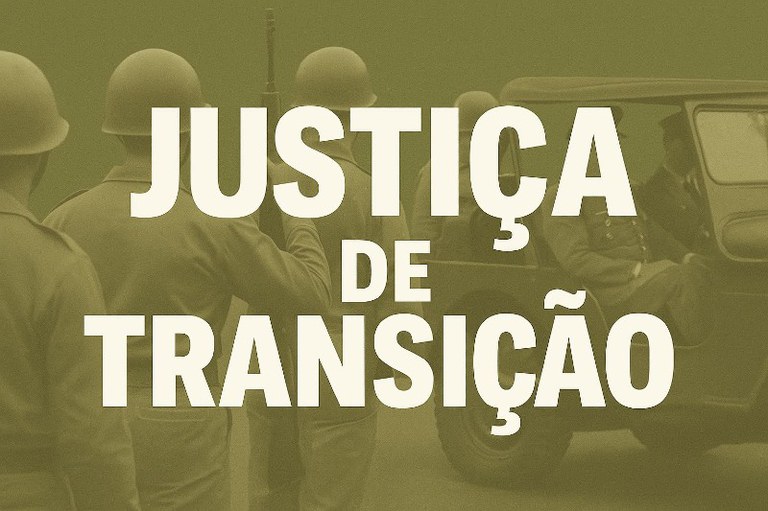 Foto mostra soldados com capacetes e um filtro cor verde oliva. Em branco está escrito Justiça de Transição