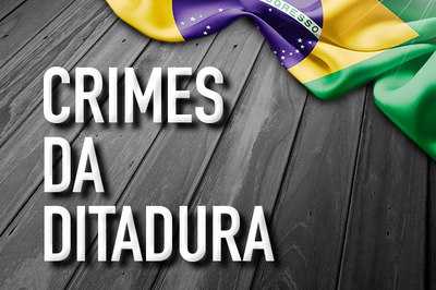 Arte retangular com o chão com tábuas em preto e branco. Acima, uma bandeira do Brasil. Escrita com
letras brancas a expressão Crimes da Ditadura