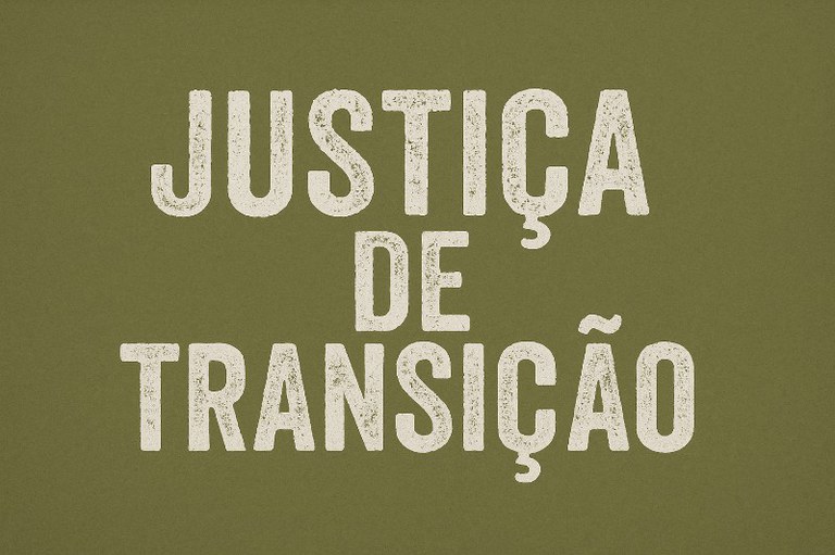 Imagem em verde oliva esmaecido com a expressão justiça de transição em letras brancas