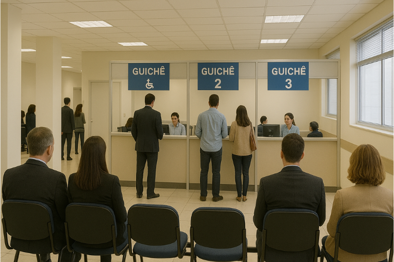Pessoas aguardando e sendo atendidas em guichês de uma repartição pública ou escritório. O Guichê 1 tem o símbolo de acessibilidade/atendimento preferencial. Algumas das pessoas que estão sentadas e uma das pessoas que está em pé, em atendimento, usam terno.