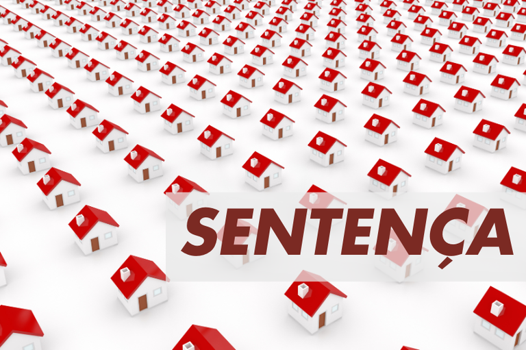 arte retangular com imagem gráfica de casinhas brancas de telhado vermelho com o nome sentença lateralizado