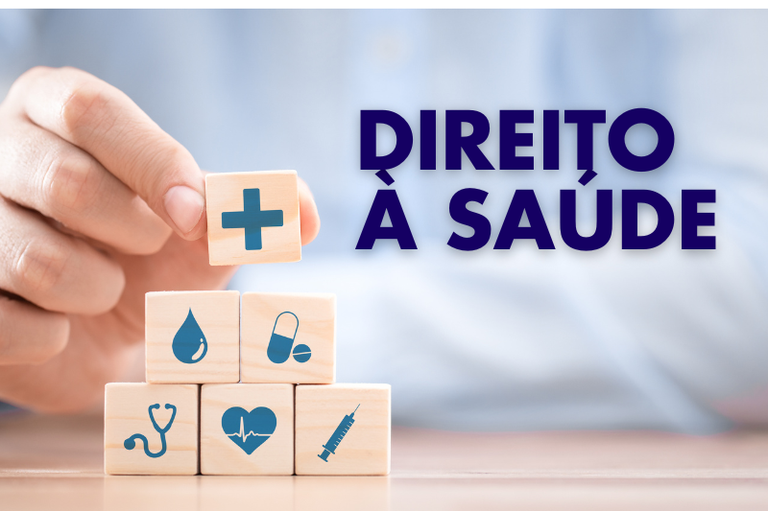 Arte retangular com Direito à saúde em letras azuis à direita