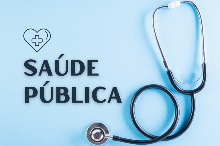 arte retangular azul clara com a expressão saúde pública em letras pretas na lateral esquerda e um estetoscópio na lateral direita