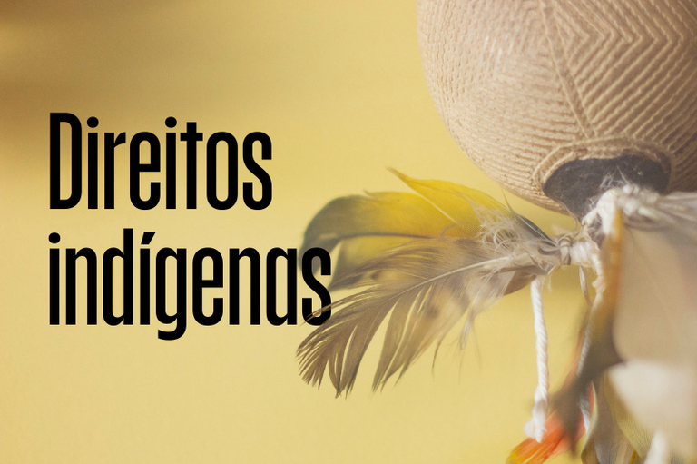 Imagem com fundo em tom amarelo suave. À esquerda, em destaque, está o texto em letras grandes e pretas: "Direitos indígenas", disposto em duas linhas, com a palavra "Direitos" acima e "indígenas" abaixo. À direita da imagem, vê-se parcialmente um cocar ou adorno indígena feito com penas coloridas — em tons de amarelo, marrom e branco — amarradas com cordão branco. Acima das penas, há uma estrutura redonda e texturizada, possivelmente feita de palha ou cerâmica clara, com uma abertura escura ao centro, sugerindo ser um instrumento ou adereço tradicional. A iluminação é suave e valoriza os detalhes das penas.