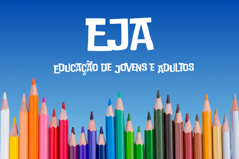 arte retangular na cor azul com lapis de cor coloridos na parte inferior da arte e o nome EJA em destaque superior, abaixo Educação de Jovens e Adultos
