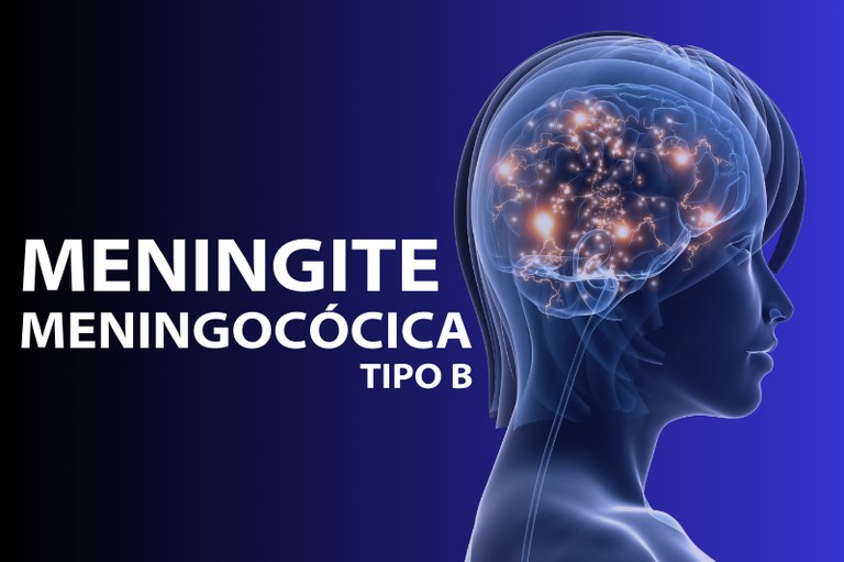 Imagem com fundo em tons de azul. À esquerda, o texto “Meningite Meningocócica Tipo B” em letras brancas. À direita, a silhueta lateral de uma cabeça humana transparente, mostrando um cérebro iluminado com pontos de luz conectados, representando atividade neurológica.