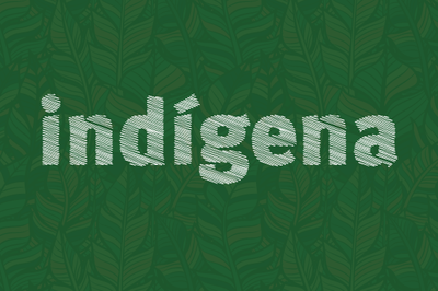 Arte retangular com fundo verde escuro e o texto "indígena" centralizado, em caixa baixa e na cor verde claro.