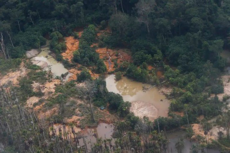 Foto aérea de áreas de garimpo ilegal em terra indígena mostra vegetação e poças de água