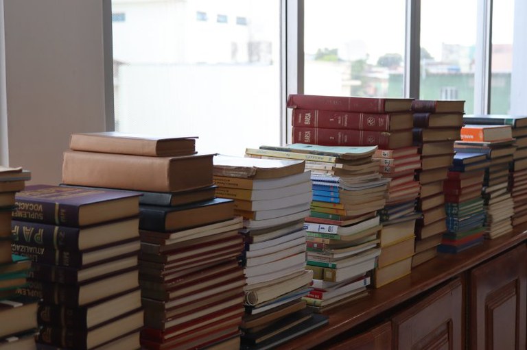 A imagem mostra um lote com diversos livros, sobrepostos em uma cômoda e de frente a uma janela.