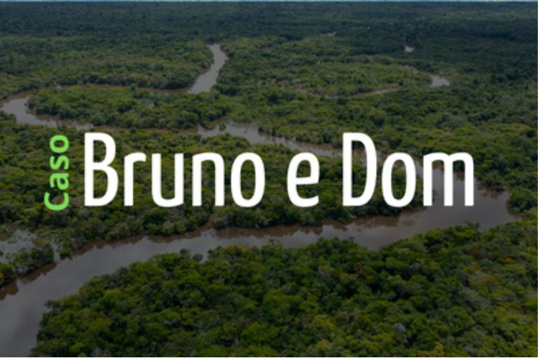 Arte com fundo de uma vegetação com um rio e a expressão caso Bruno e Dom escrita no centro
