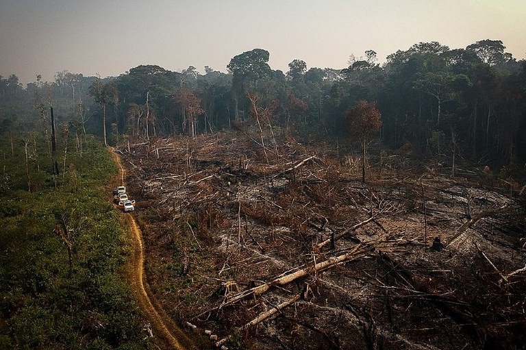 Área de floresta derrubada e queimada e vista na zona rural do município de Apuí, Amazonas