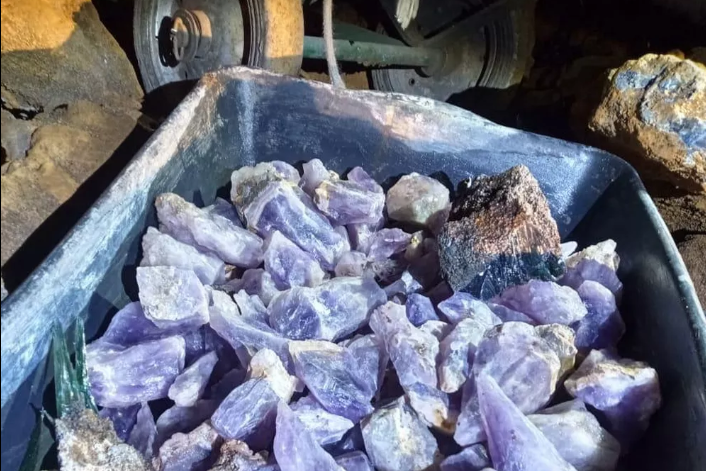 A imagem mostra um recipiente plástico escuro, semelhante a uma bacia ou carrinho de mão, repleto de pedras preciosas brutas, predominantemente ametistas em variados tons de violeta e lilás. Entre os cristais arroxeados, destaca-se uma peça maior com tons terrosos e escuros, possivelmente vivianita, conforme sugerido pelo contexto da apreensão. O material está em um ambiente rústico e mal iluminado, possivelmente uma mina ou depósito improvisado, com rodas de metal e estruturas de madeira visíveis ao fundo, reforçando o cenário de extração mineral recente.