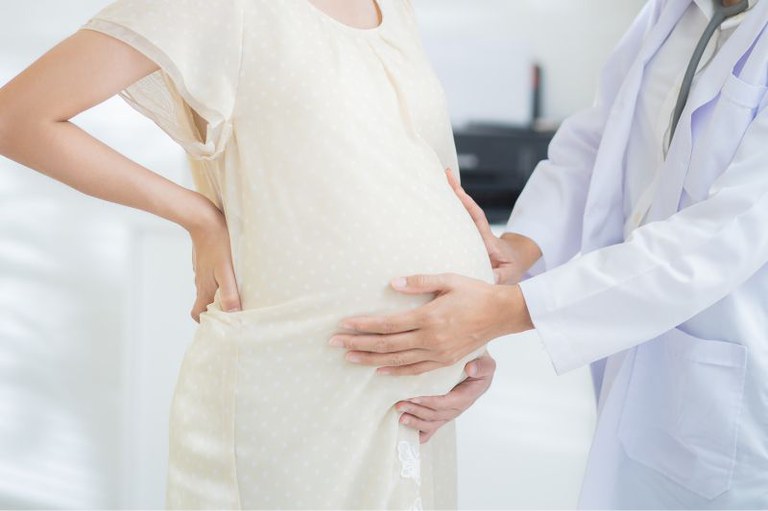 Foto mostra uma mulher grávida ao lado de uma profissional de saúde