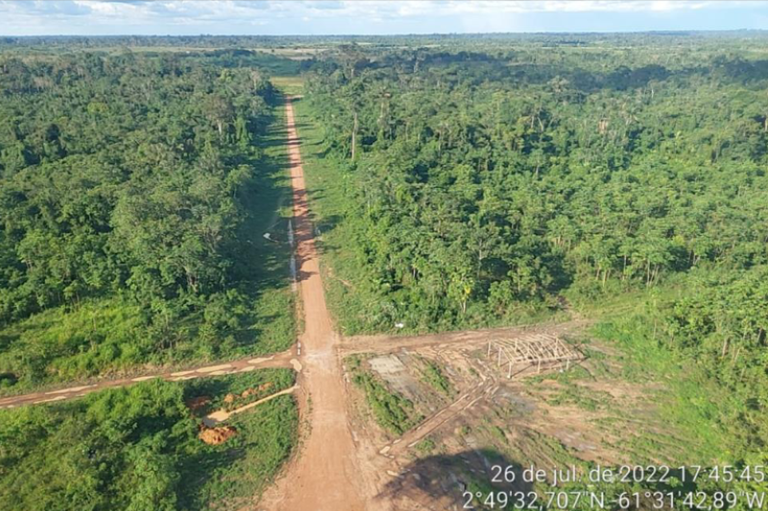 foto mostra visão aérea de uma estrada de terra cercada por vegetação nativa da floresta dos dois lados