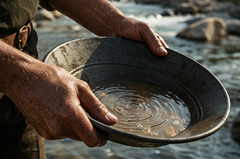Imagem mostra as mãos de um homem segurando uma bateia de garimpo com mercúrio