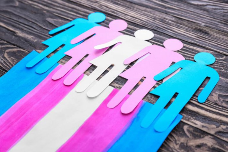 Imagem de bonecos de papel nas cores azul e rosa