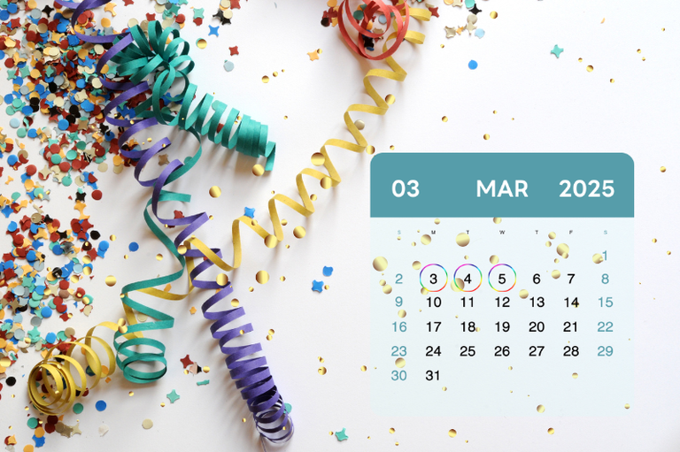 Arte de calendário de março próximo de paetês e enfeites de carnaval