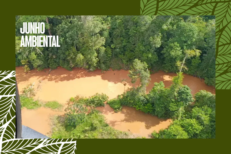 Vista aérea de um rio com águas intensamente barrentas e alaranjadas cortando uma densa floresta tropical verde.