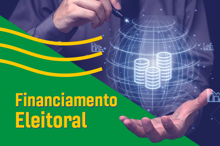 Arte mostra em detalhe um pessoa segurando um globo virtual com desenhos de moedas empilhadas; no canto esquerdo inferior em um fundo verde o texto financiamento eleitoral com letras amarelas, por cima do texto três linhas formando ondas