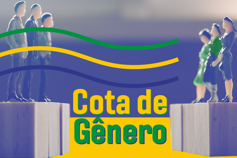 A imagem apresenta uma composição conceitual sobre um fundo dividido horizontalmente em azul e amarelo, destacando no centro a expressão "Cota de Gênero", com a palavra "Cota" em amarelo e "Gênero" em verde. Nas extremidades laterais, sobre blocos que simulam um abismo ou separação, estão posicionadas pequenas figuras em miniatura: à esquerda, um grupo composto por três figuras masculinas de terno e, à direita, um grupo com três figuras femininas de vestidos. Três linhas onduladas nas cores verde, amarela e azul cruzam o cenário de um lado ao outro acima das palavras centrais, simbolizando graficamente a busca por equidade ou conexão entre os gêneros no contexto institucional ou eleitoral.