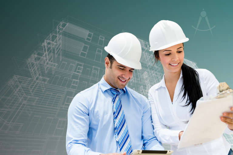 Ilustração com fundo azul em que há desenho de prédio, e dois jovens, um homem e uma mulher, de capacetes brancos, olham cada um para o objeto em sua mão. Ela segura uma prancheta; ele, um tablet