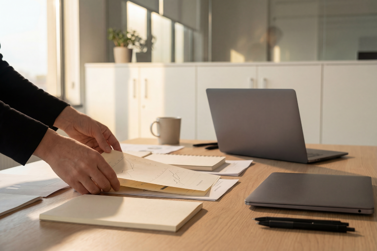 Pessoa com traje formal organiza relatórios com gráficos sobre uma mesa de madeira em escritório iluminado. Ao fundo, um notebook aberto, canetas e uma caneca completam o ambiente de trabalho organizado.
