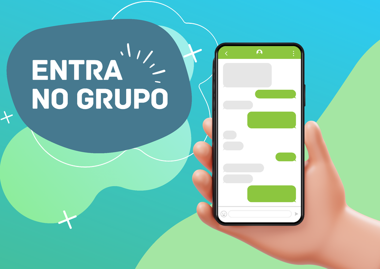 Imagem gráfica de um aparelho celular com a tela aberta no chat de mensagens. Ao lado, está escrito “entre no grupo”.