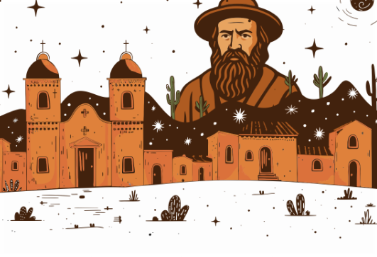 Ilustração digital em tons terrosos que representa o povoado de Canudos, com casas simples, igreja com duas torres e cactos ao redor. No céu estrelado, acima das construções, aparece a figura de Antônio Conselheiro, com chapéu e longa barba, em destaque central.