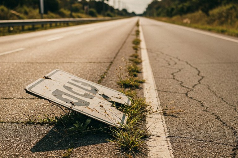 Foto mostra uma rodovia sem manutenção, com mato crescendo no asfalto e placa de sinalização no chão