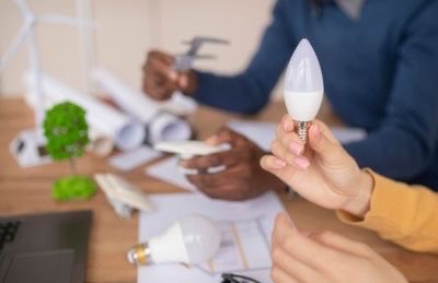 Foto de duas pessoas segurando uma lâmpada