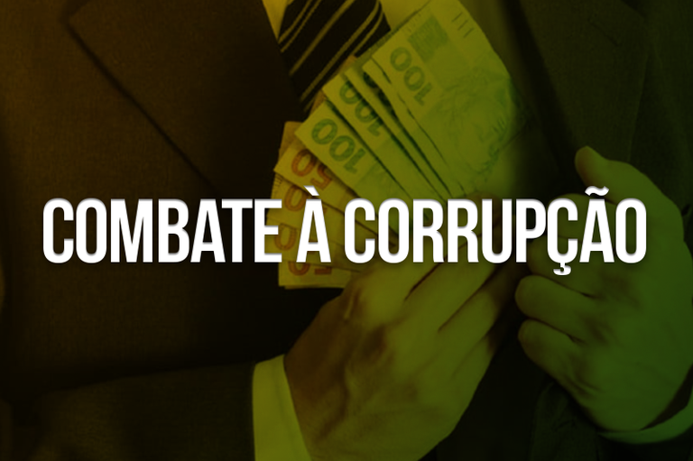 Arte retangular com foto de um homem colocando notas de cem e cinquenta reais no bolso interno do paletó. Em letras amarelas cursiva lê-se Corrupção