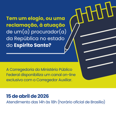 A imagem é um banner quadrado com fundo dividido horizontalmente em três cores: azul escuro (topo), amarelo vibrante (meio) e branco (base). No lado direito, há a ilustração estilizada de um caderno de anotações azul com uma caneta branca.