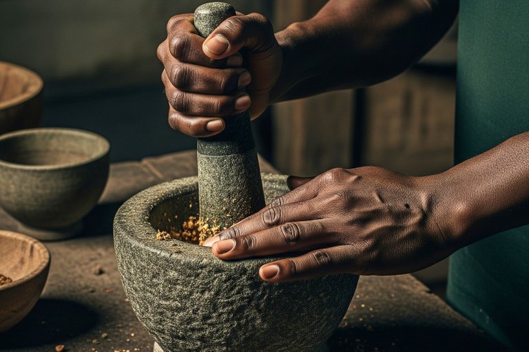 Foto mostra detalhe da mão de uma pessoa negra trabalhando com artesanato