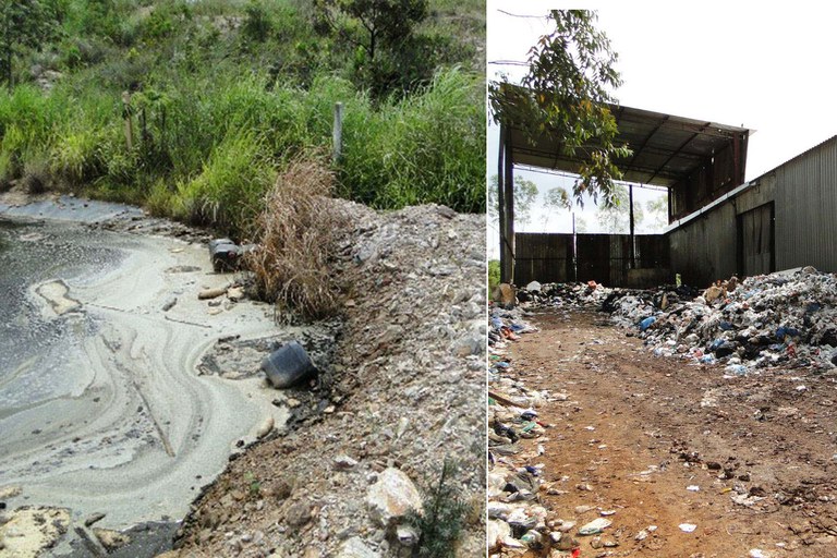 Esta imagem de duas partes ilustra sérios problemas ambientais. À esquerda, uma lagoa de águas turvas e acinzentadas exibe sinais claros de contaminação, com detritos espalhados ao longo de uma margem rochosa e vegetação rasteira. À direita, um galpão industrial aberto, com teto e paredes de metal ondulado desgastado, abriga grandes pilhas de lixo doméstico e resíduos não triados, que também se estendem pelo terreno de terra batida ao redor. Ambas as cenas retratam a degradação do meio ambiente, destacando os desafios contínuos relacionados ao descarte inadequado de resíduos e à poluição da água.