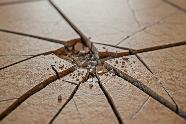 Foto mostra um piso cerâmico todo rachado