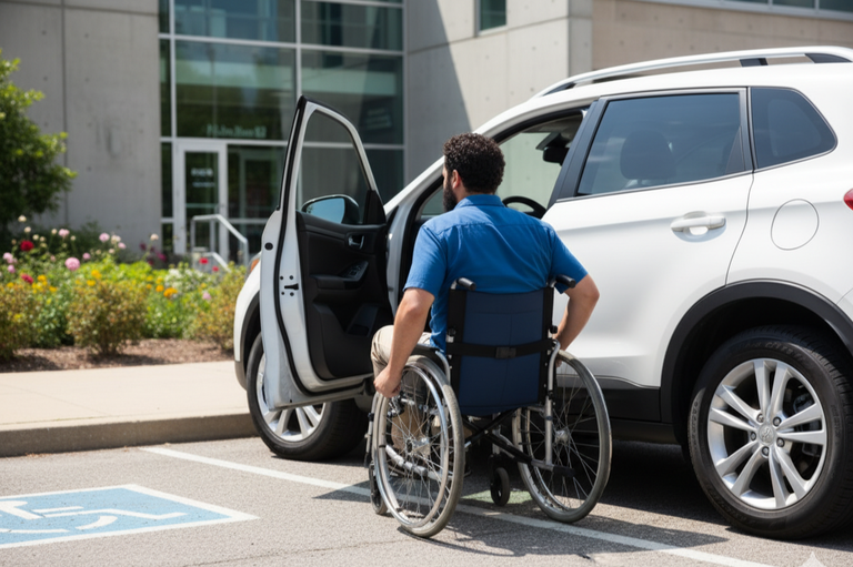 Esta imagem mostra um homem com barba, vestindo uma camisa azul, posicionado de costas em uma cadeira de rodas ao lado da porta do motorista aberta de um veículo utilitário esportivo (SUV) branco, estacionado em uma vaga demarcada com o símbolo de acessibilidade. O cenário parece ser o estacionamento de um prédio comercial moderno, com uma área de jardim ao fundo, sugerindo um momento cotidiano de mobilidade e independência pessoal.