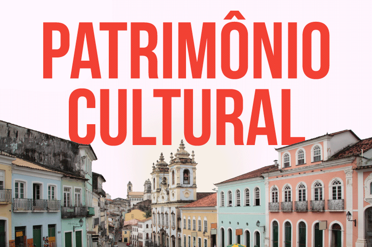 Arte retangular com foto de casas e prédios históricos pintados em tons de verde, rosa e amarelo. Em letras vermelhas está escrito Patrimônio Cultural